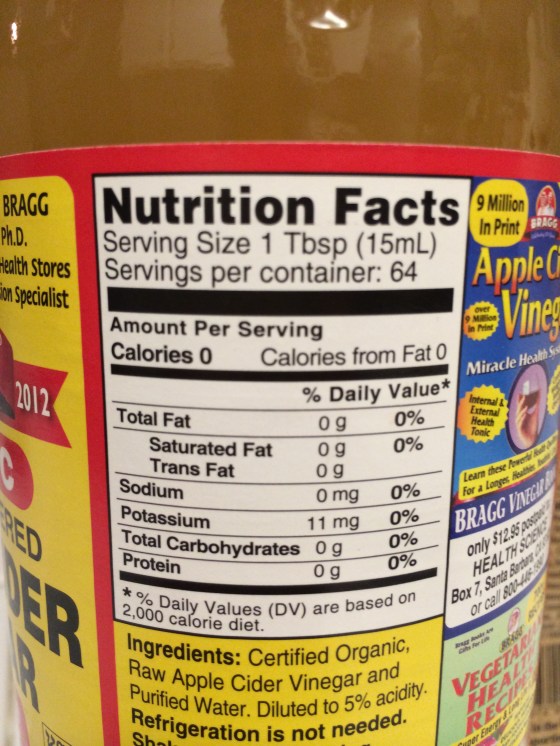 Nutritional Food Label Apple Cider Vinegar