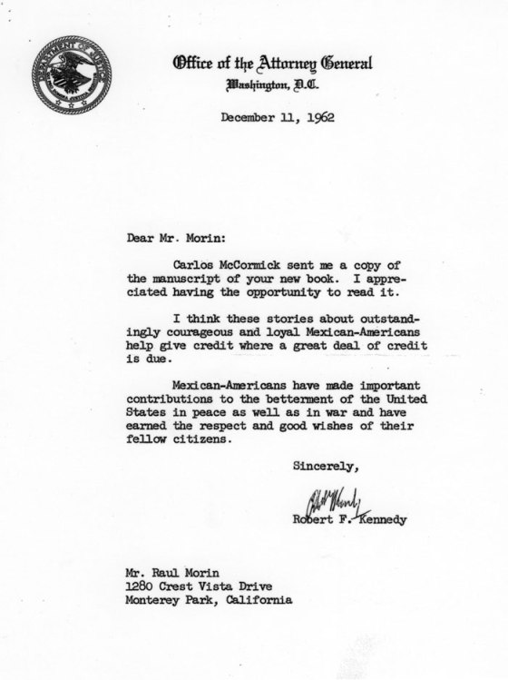 Letter from Robert F. Kennedy to author of "Among the Valiant", Raul Morin
