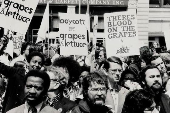 Demonstration for the United Farm Workers' grape boycott, midtown Manhattan, May 10, 1975.
